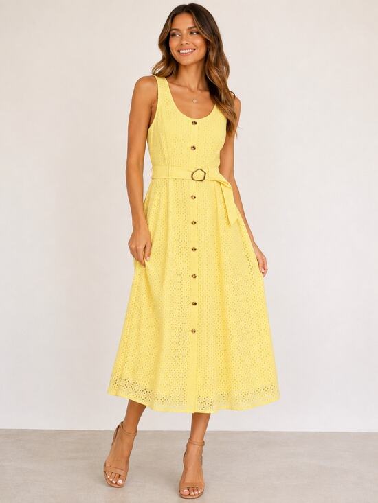 entro Dresses & Skirts - ENTRO YELLOW EYELET SLEEVELESS MIDI DRESS - SMALL